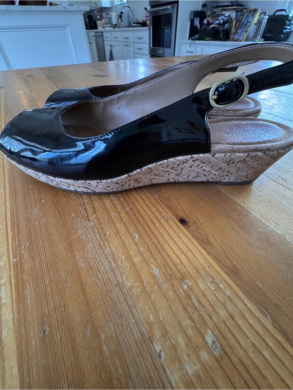 Clarks Black Patent Leather Open Toe Cork Wedge Slingbacks